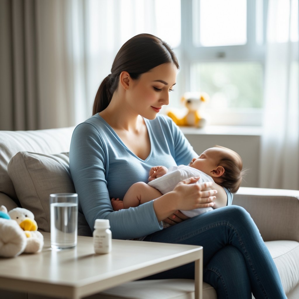 A mother breastfeeding her baby while sitting on a couch in a softly lit living room with a pill bottle and glass of water on a nearby table.