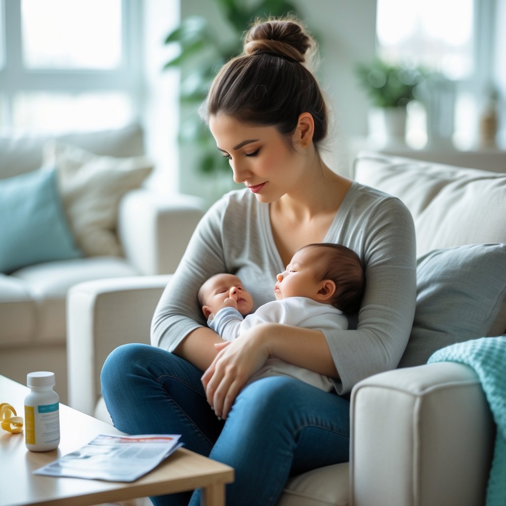 A young mother sitting in a bright living room holding her baby and looking thoughtfully at a bottle of medication on a nearby table.