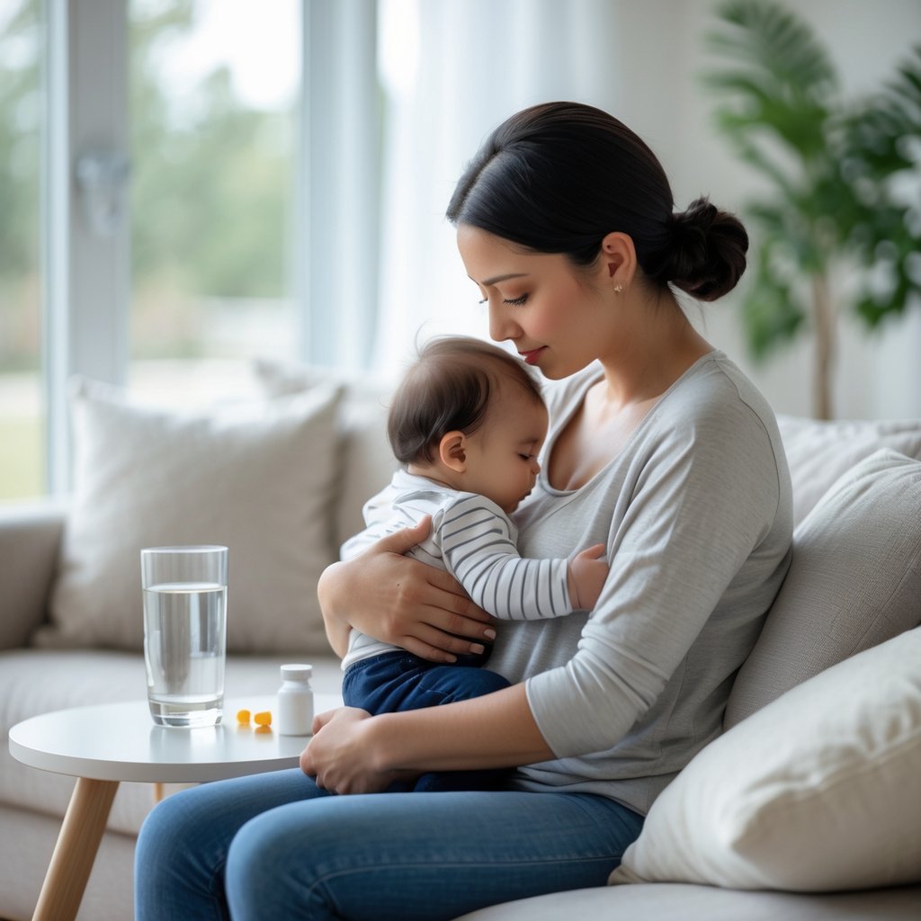 A mother holding her baby in a bright living room next to a table with a glass of water and a pill bottle.