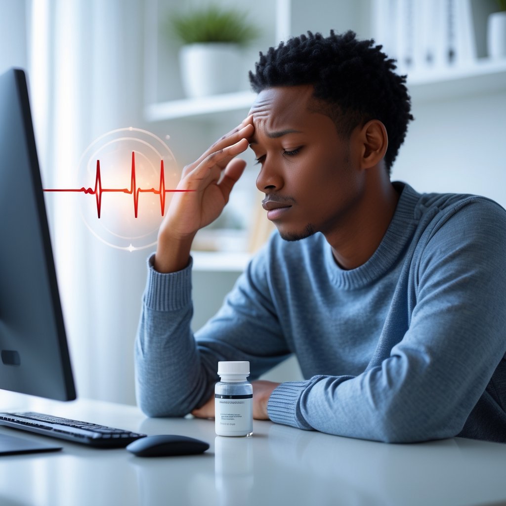 An adult sitting at a desk with a pill bottle and glass of water, touching their temple and looking tired, suggesting they are experiencing side effects from medication.