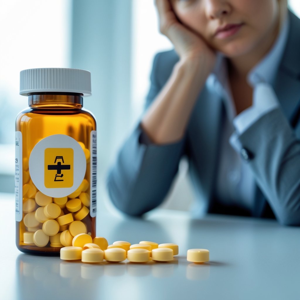 A close-up of pills spilled from a prescription bottle with a worried person resting their head on their hand in the background.