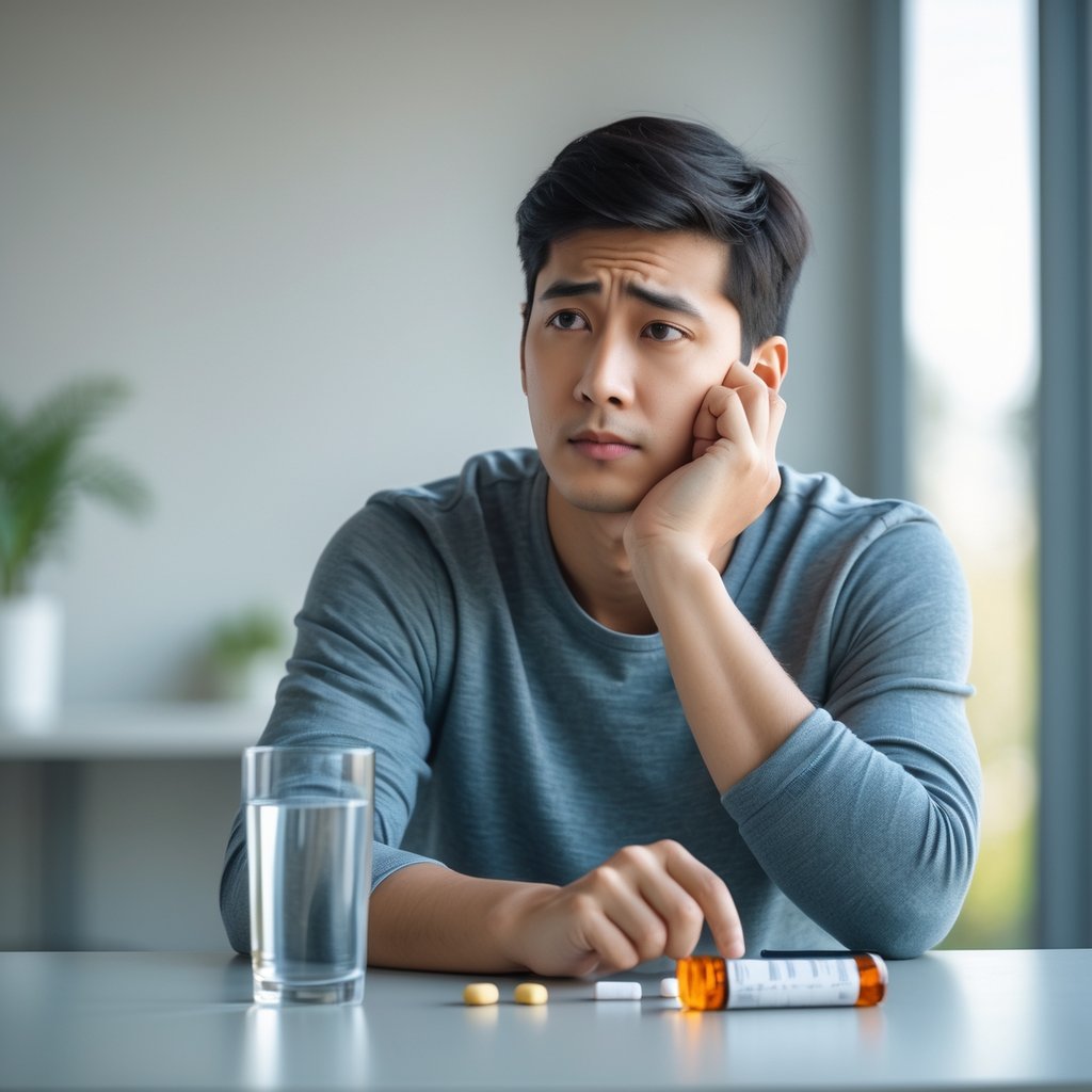 A young adult sitting at a desk with a glass of water and a pill bottle, looking thoughtful and concerned.