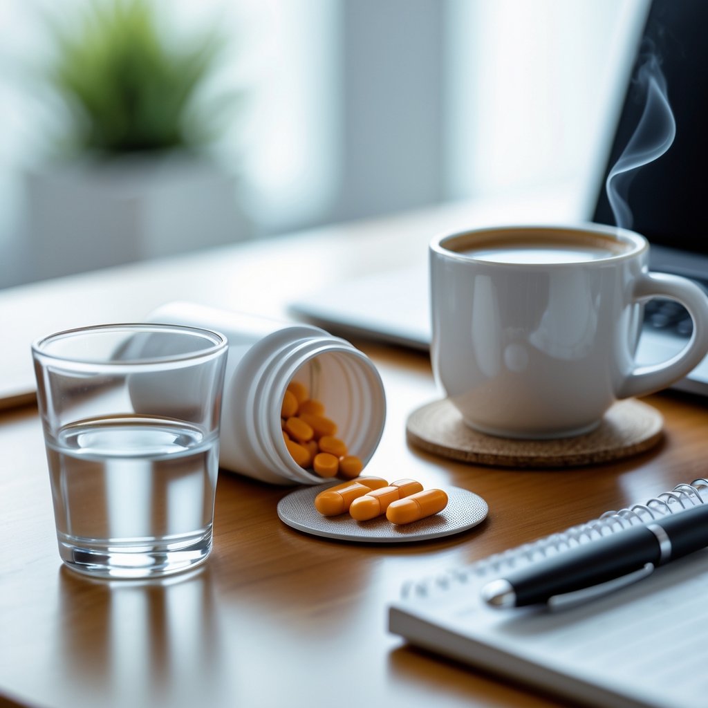 A desk with a glass of water, an open pill bottle with orange pills, and a cup of coffee next to a laptop and notebook.