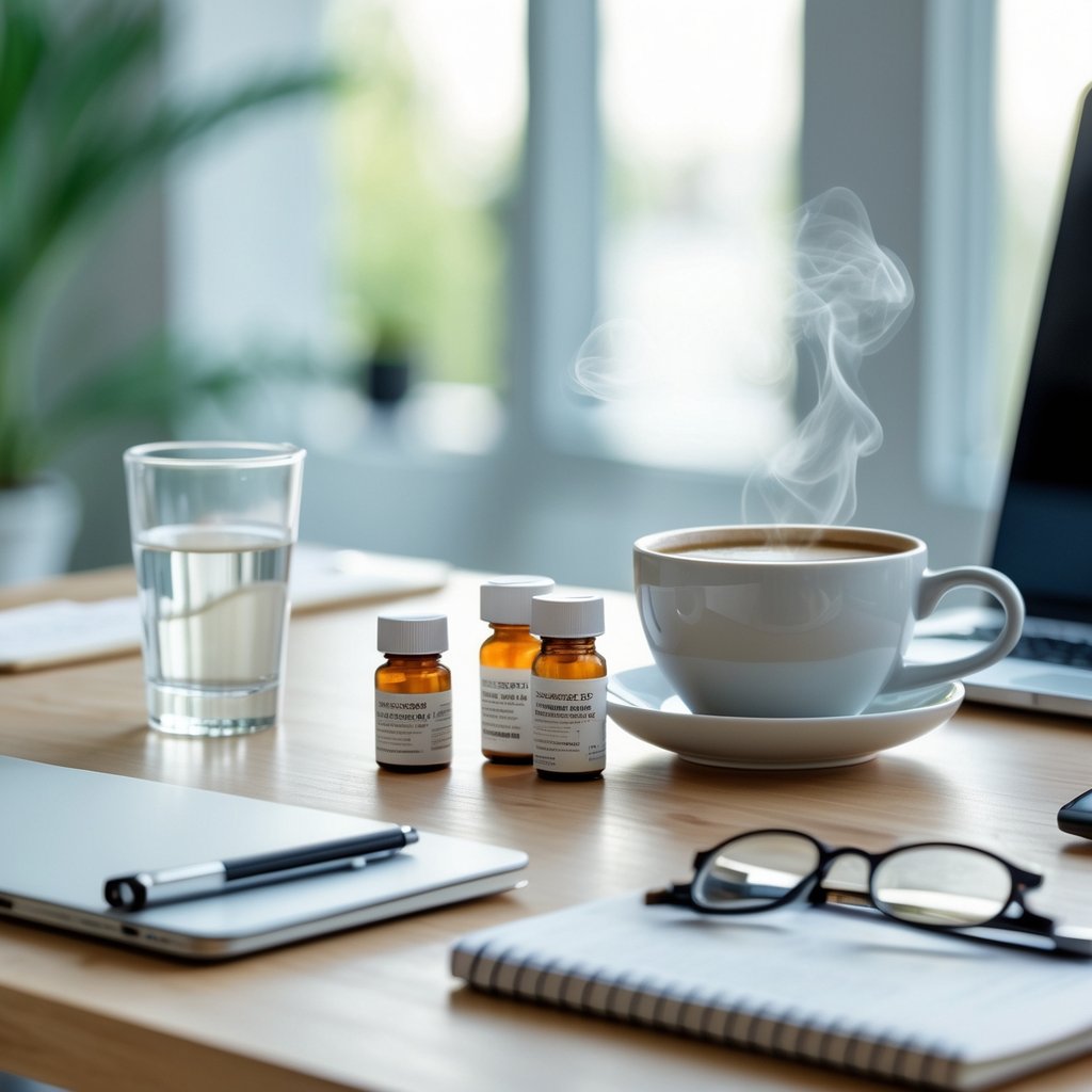 A workspace with a coffee cup, water glass, prescription medication bottles, a laptop, notepad, and eyeglasses on a wooden desk.