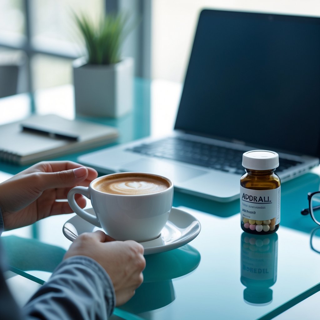 A person at a desk holding a coffee cup and reaching for a bottle of pills next to a laptop and notebook.