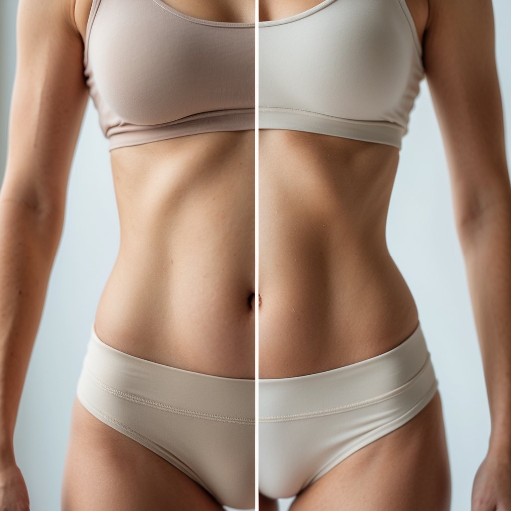 Side-by-side comparison of a person's torso before and after 6 weeks of semaglutide treatment showing a slimmer waistline on the right.