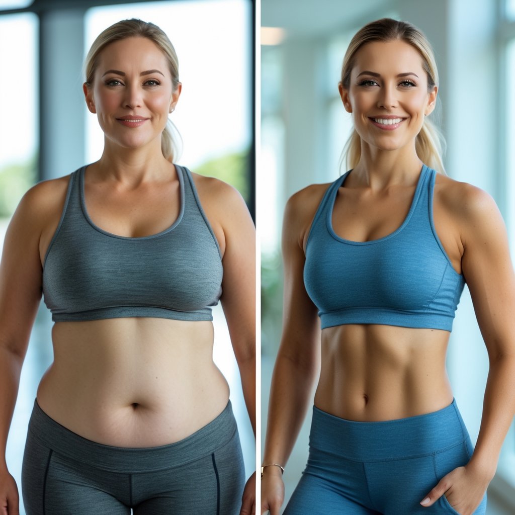 Side-by-side comparison of a woman before and after 6 weeks of semaglutide treatment, showing a visible weight loss and improved confidence.