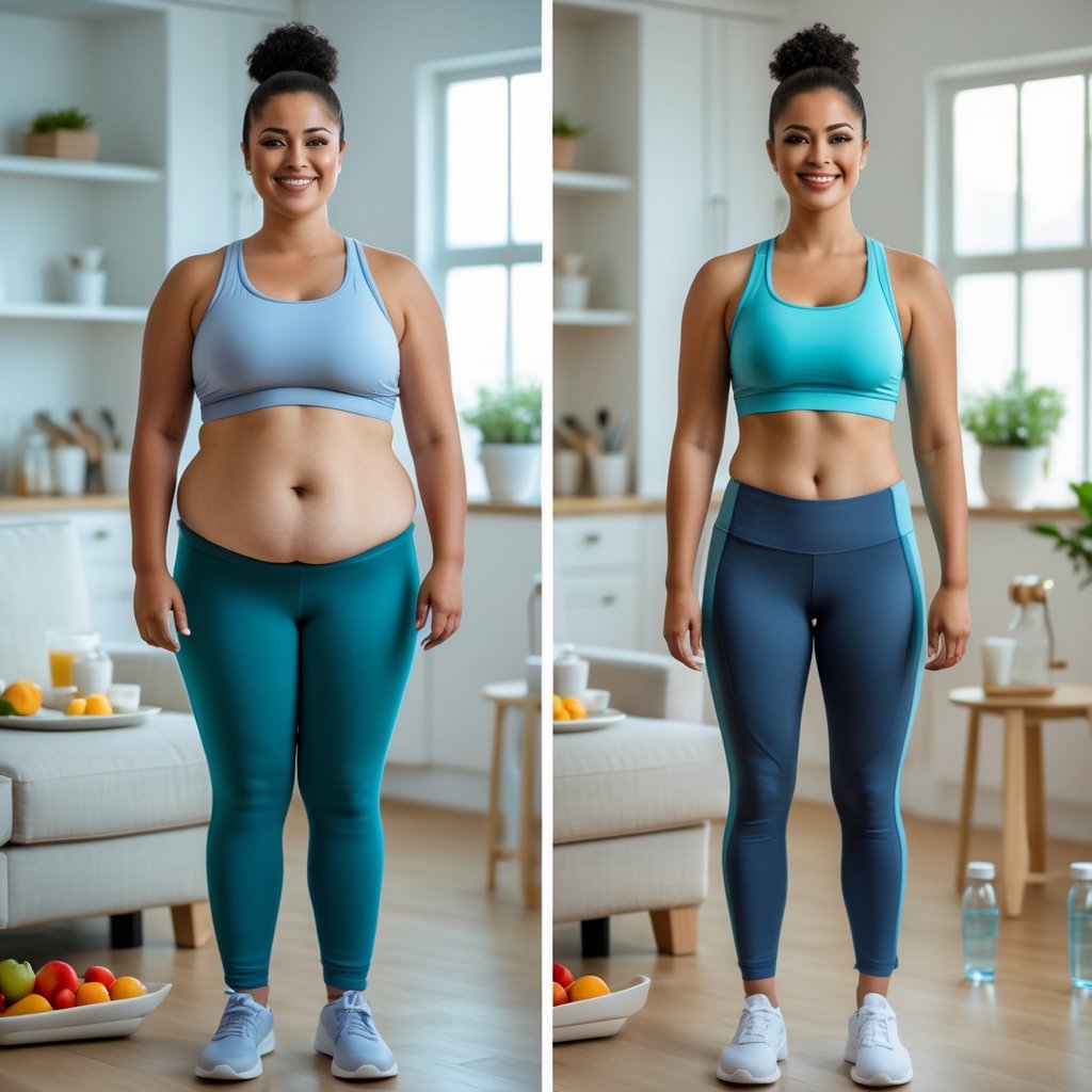 Side-by-side images of a person before and after six weeks, showing a noticeable weight loss and improved health.