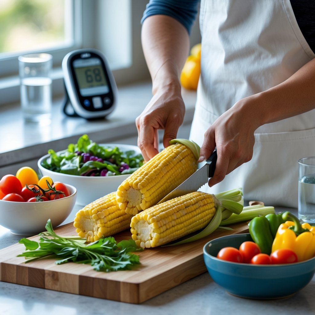 A person preparing fresh corn and mixed vegetables on a cutting board in a kitchen with a glucose monitor and glass of water on the counter.