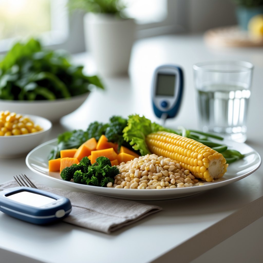 A plate with cooked corn and vegetables on a kitchen table next to a glucometer and a glass of water.