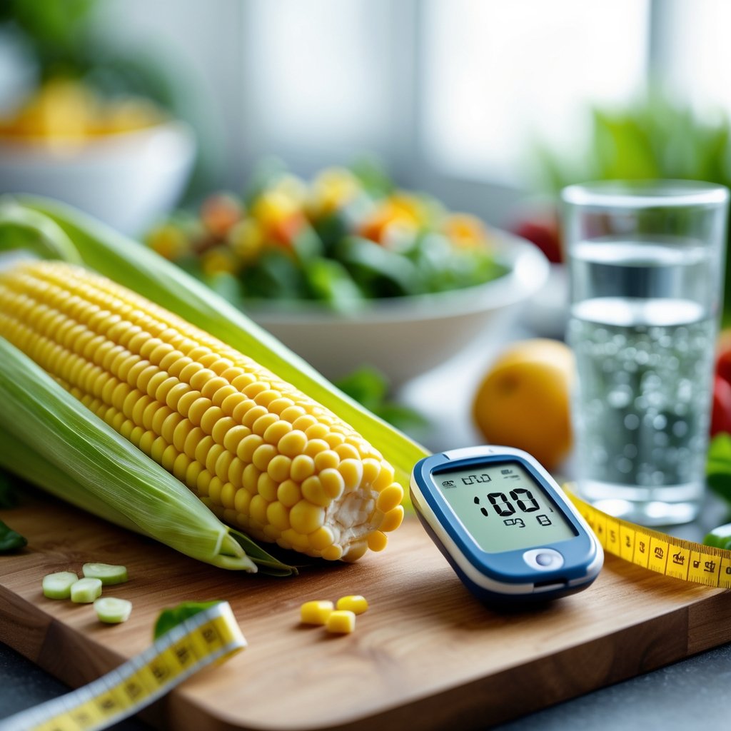 A close-up of an ear of corn on a cutting board next to a glucometer showing a blood sugar reading, with vegetables and a measuring tape nearby.