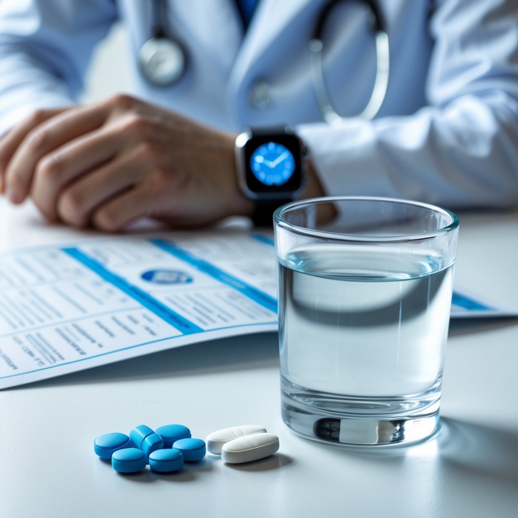 Close-up of metformin tablets on a white table next to a glass of water and a person holding a digital watch.