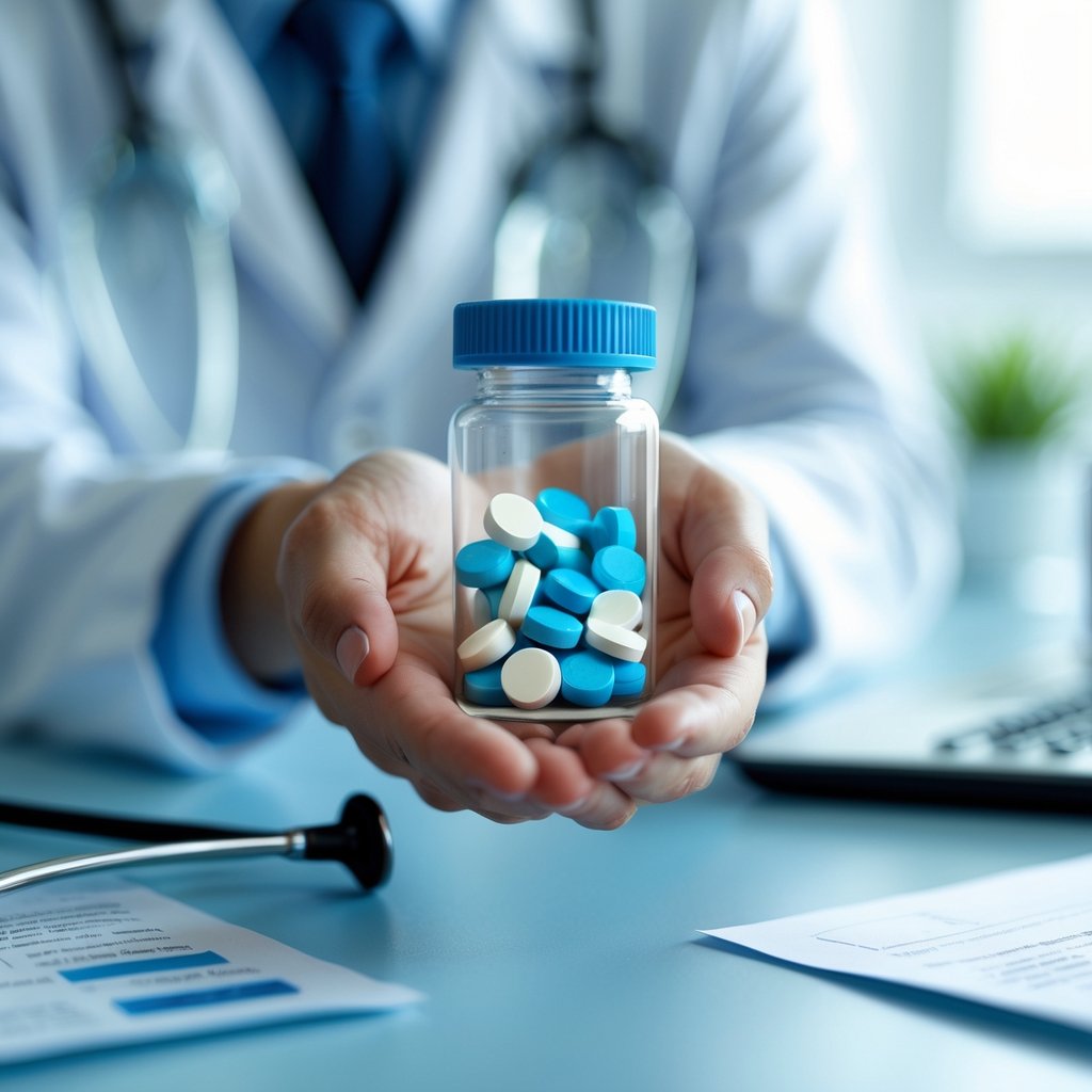 Close-up of hands holding a pill bottle with blue and white tablets in a medical office setting.