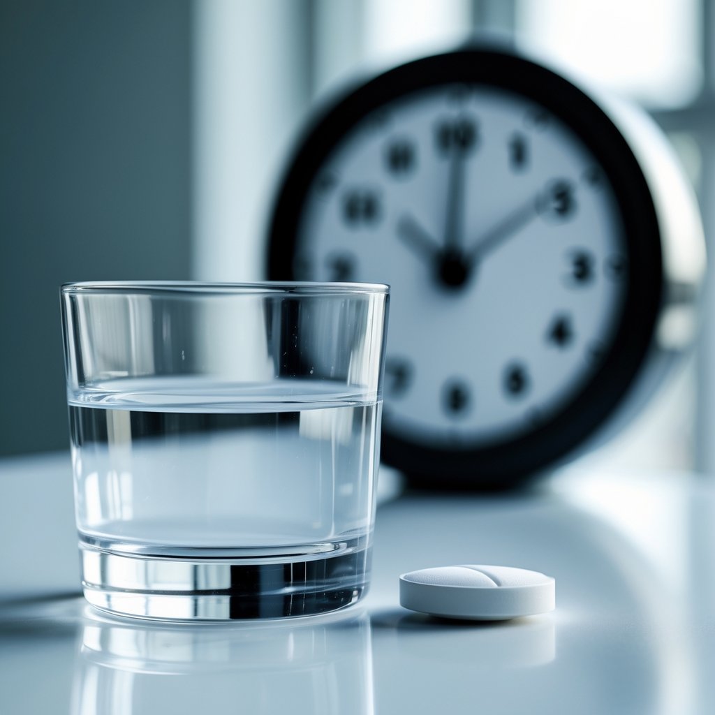 A glass of water with a white metformin tablet on a white surface, with a blurred clock in the background.