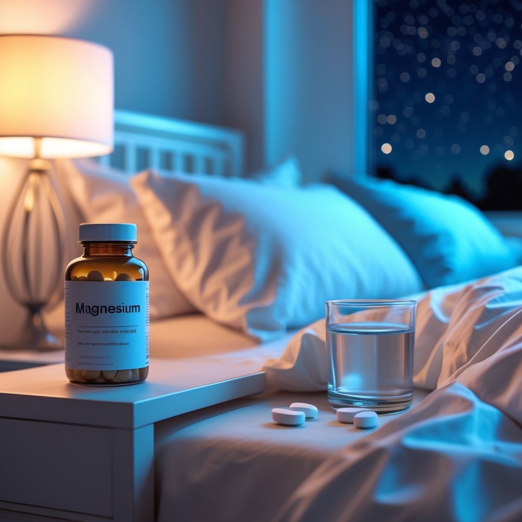 A bedside table with magnesium supplement tablets, a glass of water, and a softly lit bed in a calm bedroom at night.