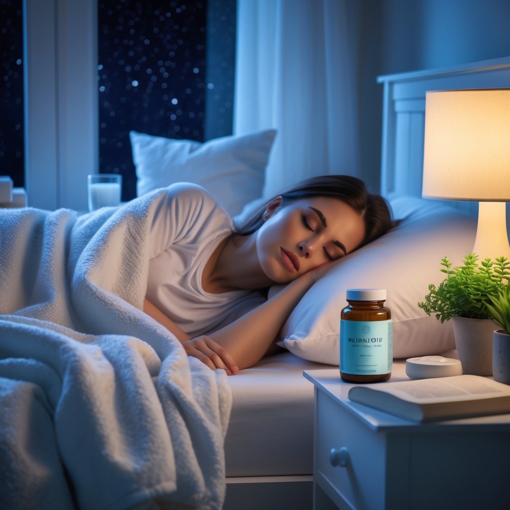 A person sleeping peacefully in a cozy bedroom at night with a bedside table holding a glass of water and a bottle of magnesium supplements.