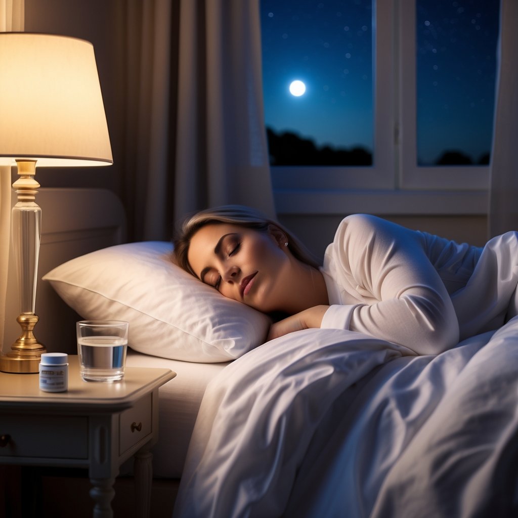 A person peacefully sleeping in a softly lit bedroom with a bedside table holding a glass of water and magnesium supplements.