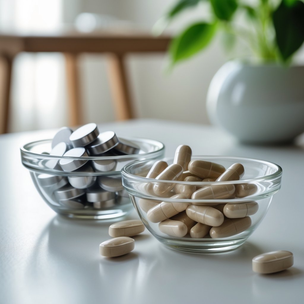 Two glass bowls on a white surface, one with zinc tablets and the other with magnesium capsules, with a blurred plant in the background.