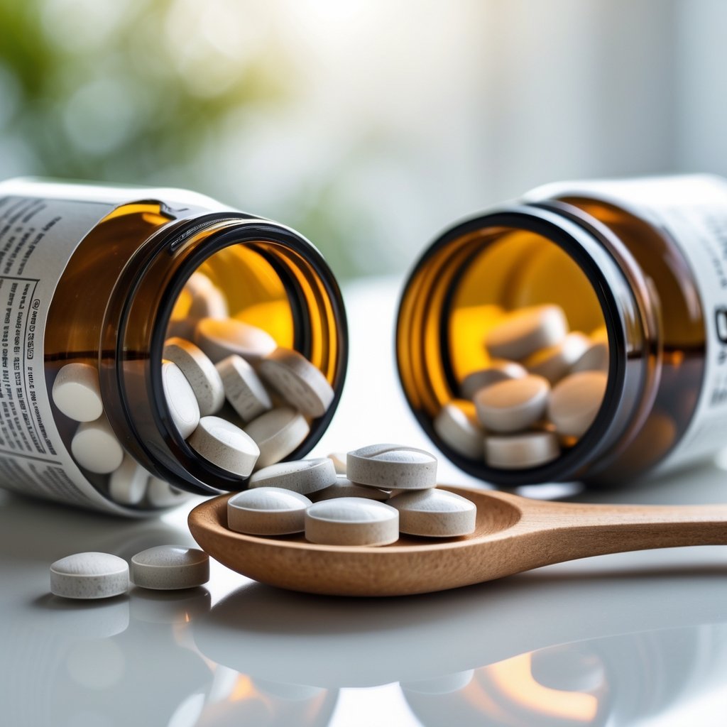 Close-up of two open supplement bottles with zinc tablets and magnesium capsules on a white surface with a wooden spoon holding some pills.
