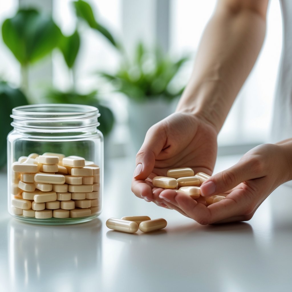 Close-up of two jars containing zinc tablets and magnesium capsules with hands holding some supplements together on a white surface.