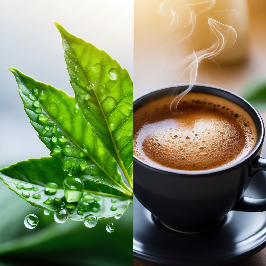 A close-up of a fresh green tea leaf next to a steaming cup of black coffee on a blurred background.