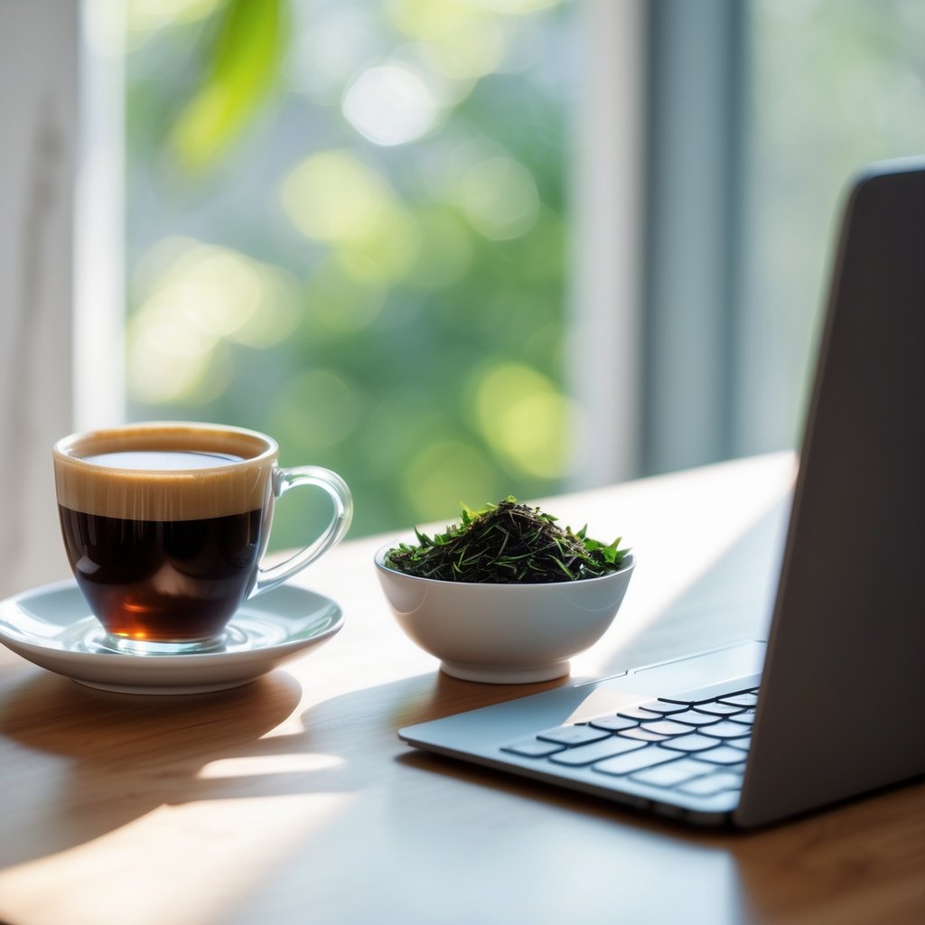 A cup of coffee and a bowl of green tea leaves on a wooden table next to a laptop in a bright workspace.