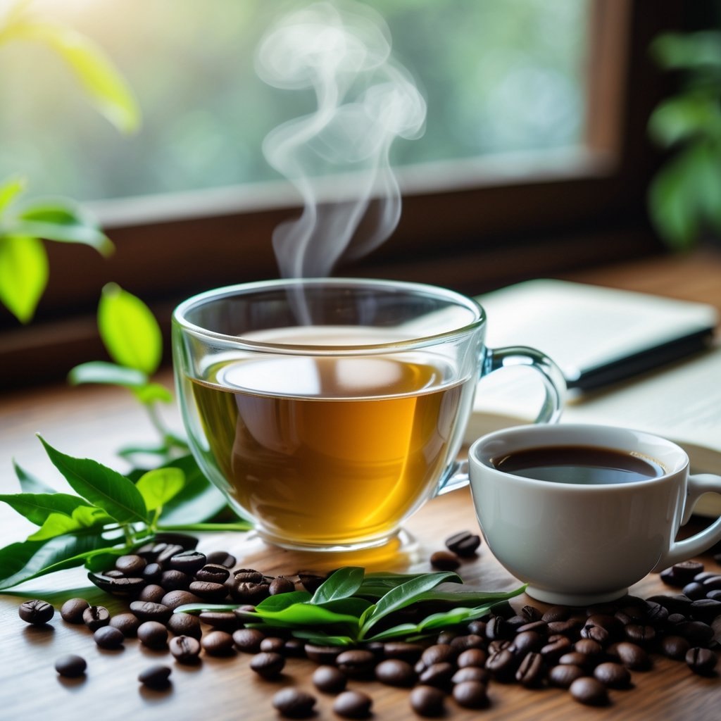 A close-up of a glass cup of tea and a small cup of coffee on a wooden table with tea leaves and coffee beans nearby, with a blurred notebook and pen in the background.