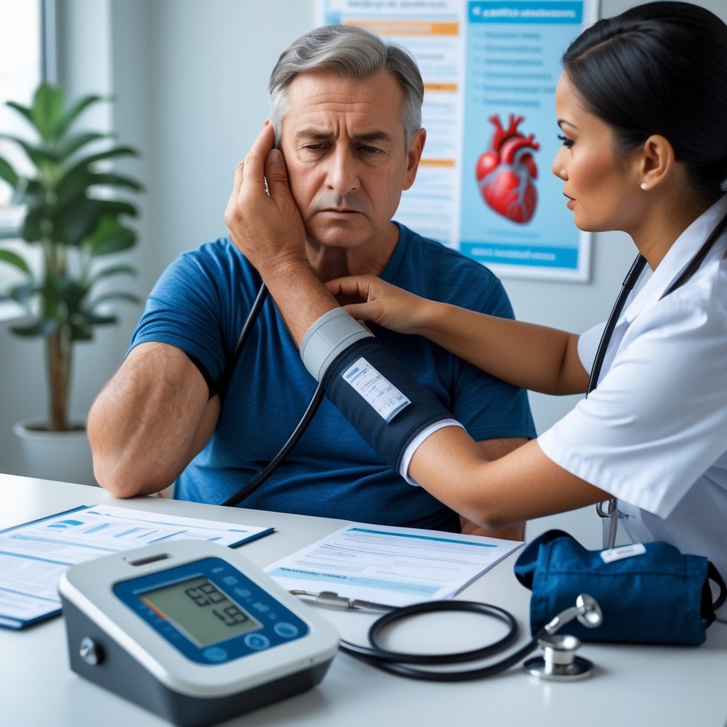 A person in a medical office holding their temple with a concerned expression while a healthcare professional measures their blood pressure.