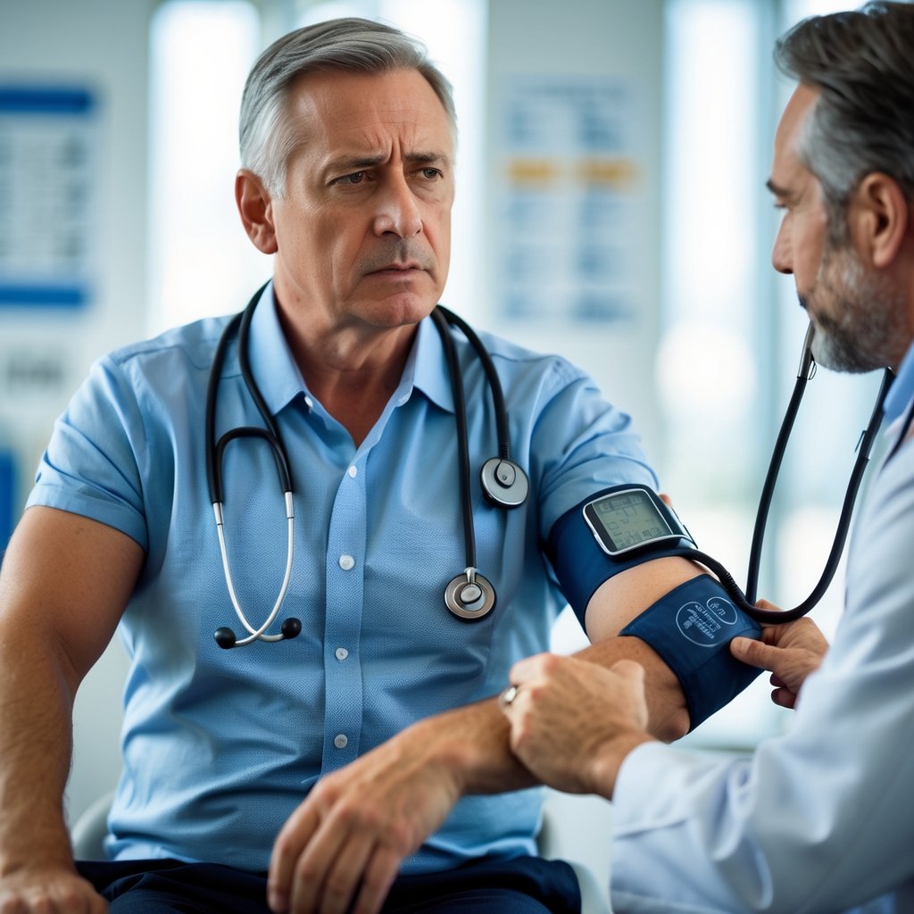 A man having his blood pressure measured by a doctor in a medical office.
