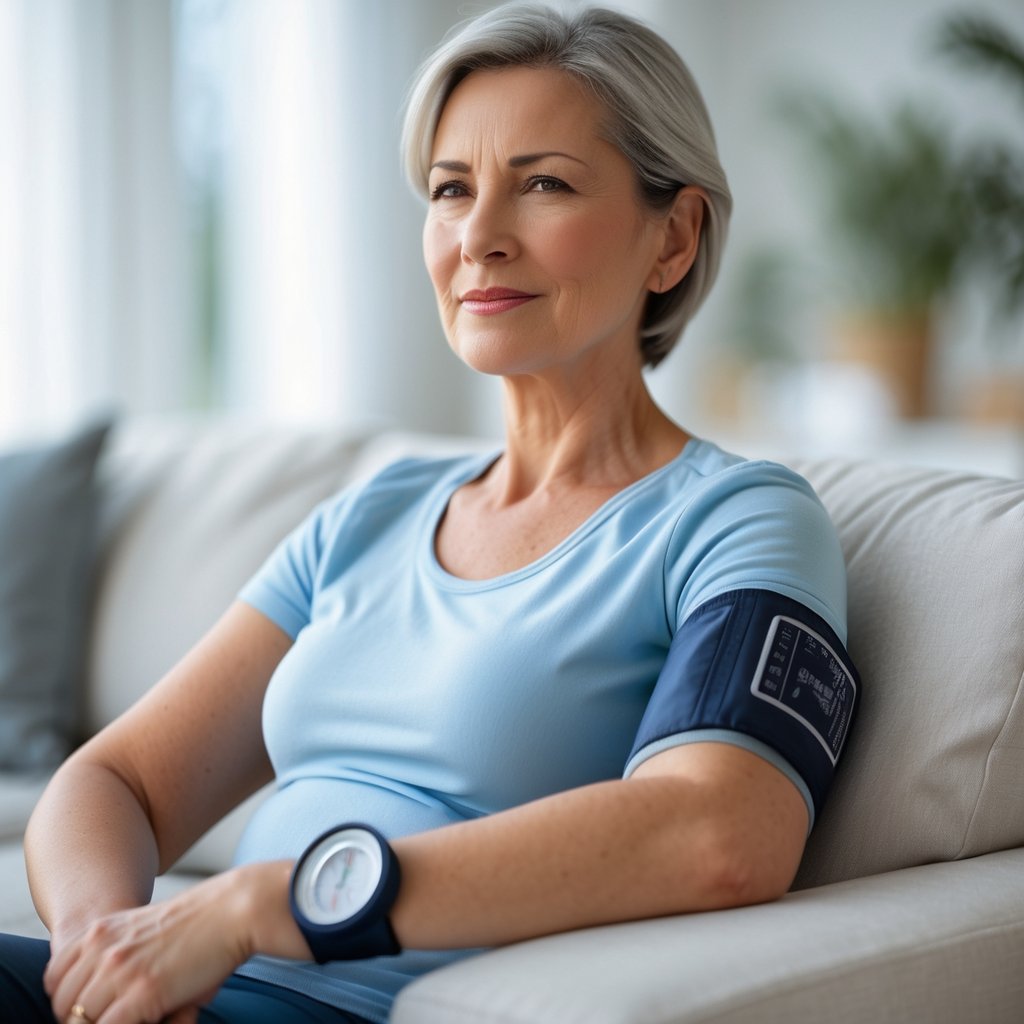 A middle-aged person sitting calmly with a blood pressure monitor on their arm in a living room.