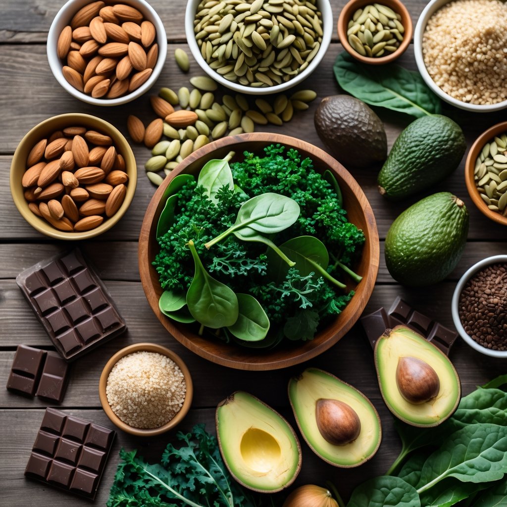 A variety of magnesium-rich foods including almonds, pumpkin seeds, spinach, kale, avocados, quinoa, brown rice, and dark chocolate arranged on a wooden table.