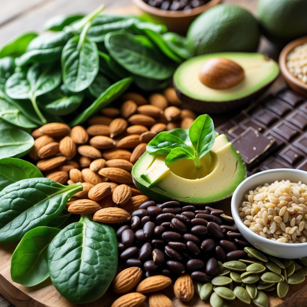 A variety of fresh foods high in magnesium arranged on a wooden table, including spinach, almonds, pumpkin seeds, black beans, avocado, dark chocolate, and whole grains.