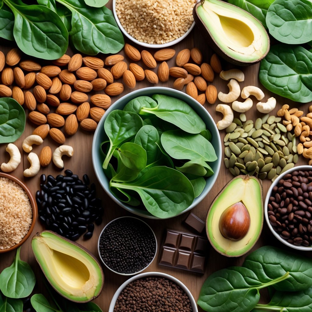 An assortment of magnesium-rich foods including spinach, nuts, seeds, avocado, dark chocolate, beans, and grains arranged on a wooden table.
