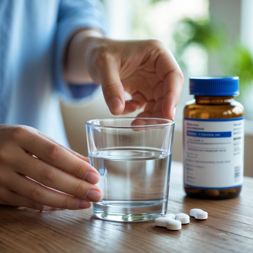 Hands holding a glass of water and white pills on a wooden table with a medicine bottle in the background.