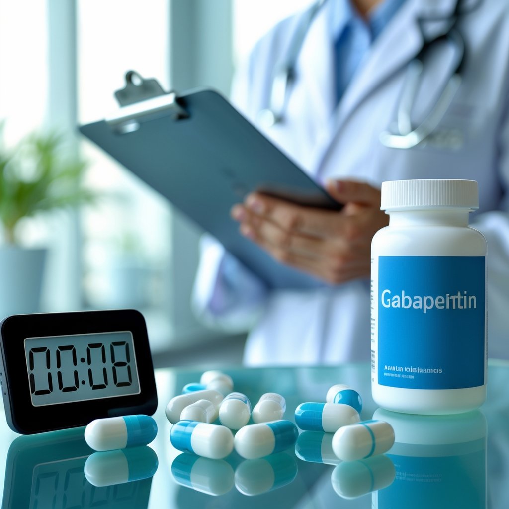 Close-up of a prescription pill bottle with capsules on a glass table and a digital clock, with a healthcare professional holding a clipboard in the background.