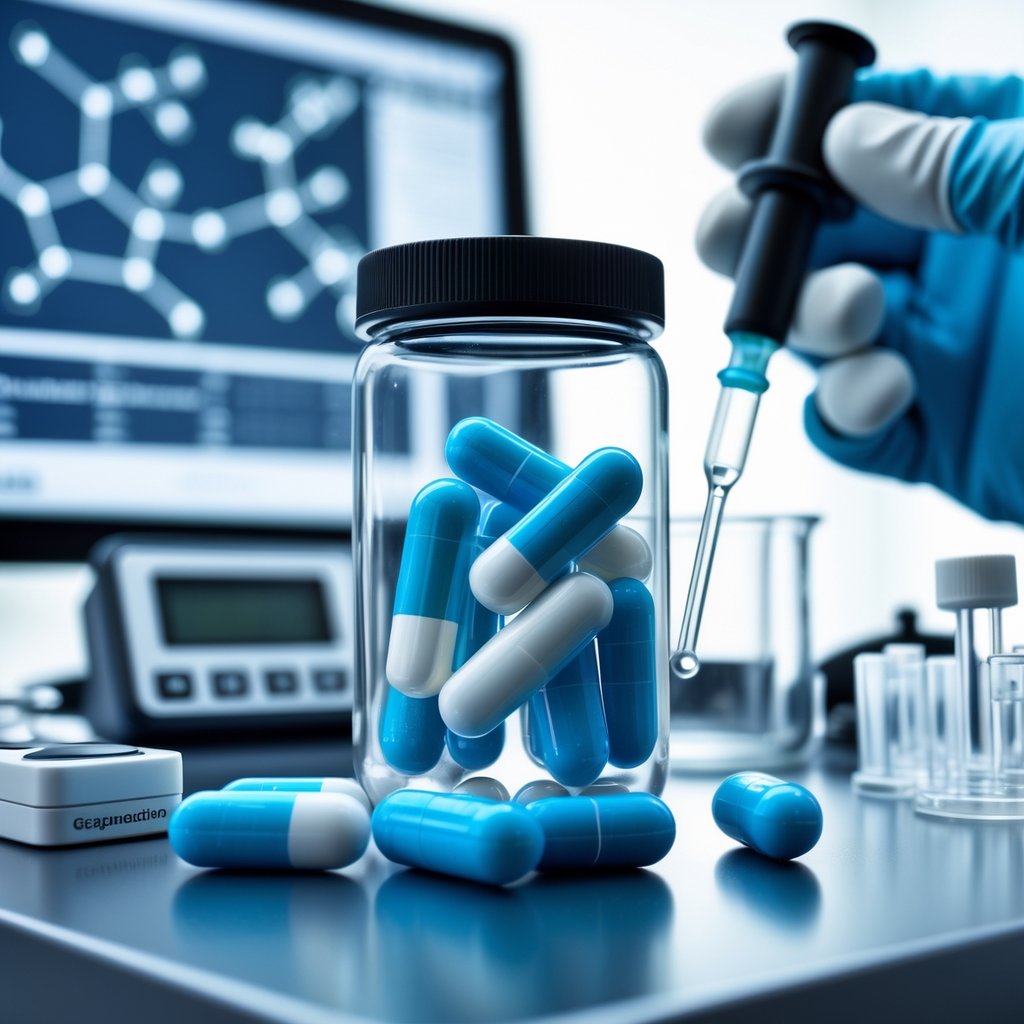 Close-up of a vial with blue and white capsules on a laboratory bench, surrounded by scientific instruments and a gloved hand holding a pipette.