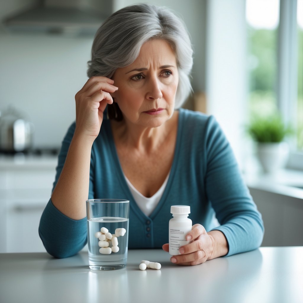 A woman sitting at a kitchen table holding pills and a glass of water, looking thoughtful and concerned.