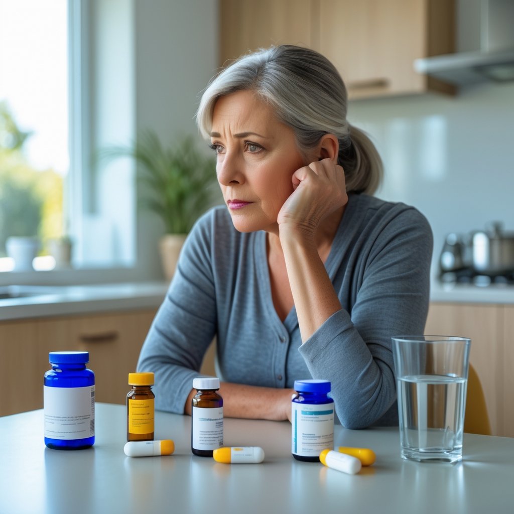 A middle-aged woman sitting at a kitchen table looking thoughtfully at a prescription pill bottle with other medication bottles and a glass of water nearby.