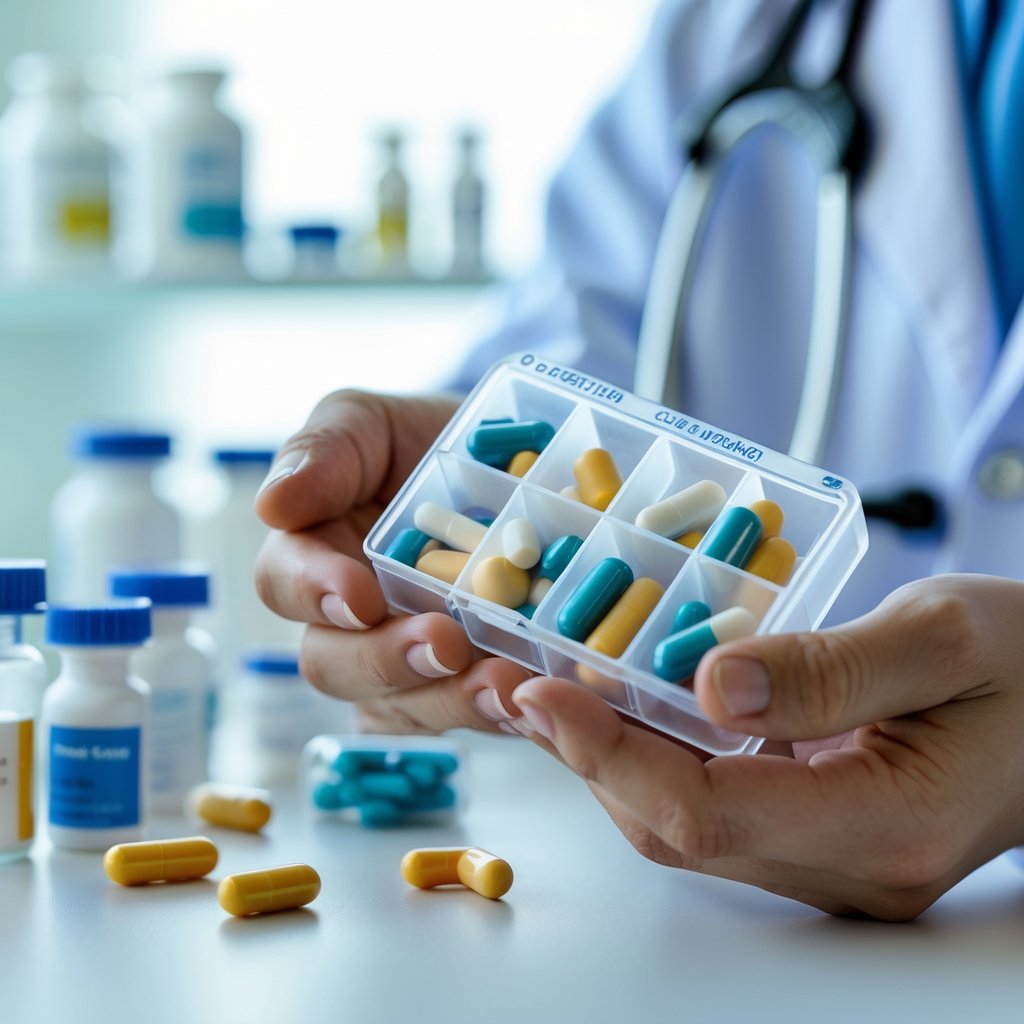 Close-up of a doctor's hands holding a pill organizer filled with capsules in a medical office.