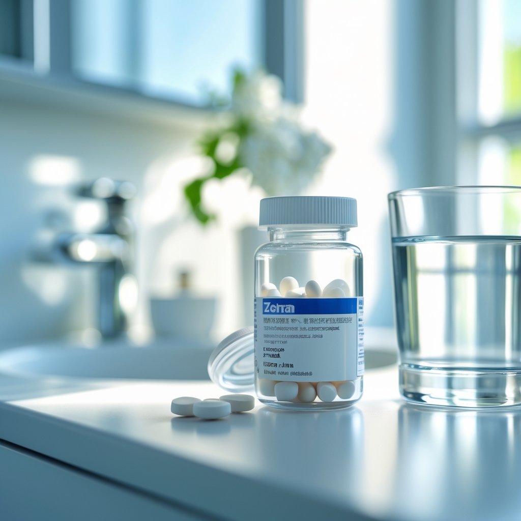 A pill bottle with white tablets and a glass of water on a countertop in a bright bathroom.