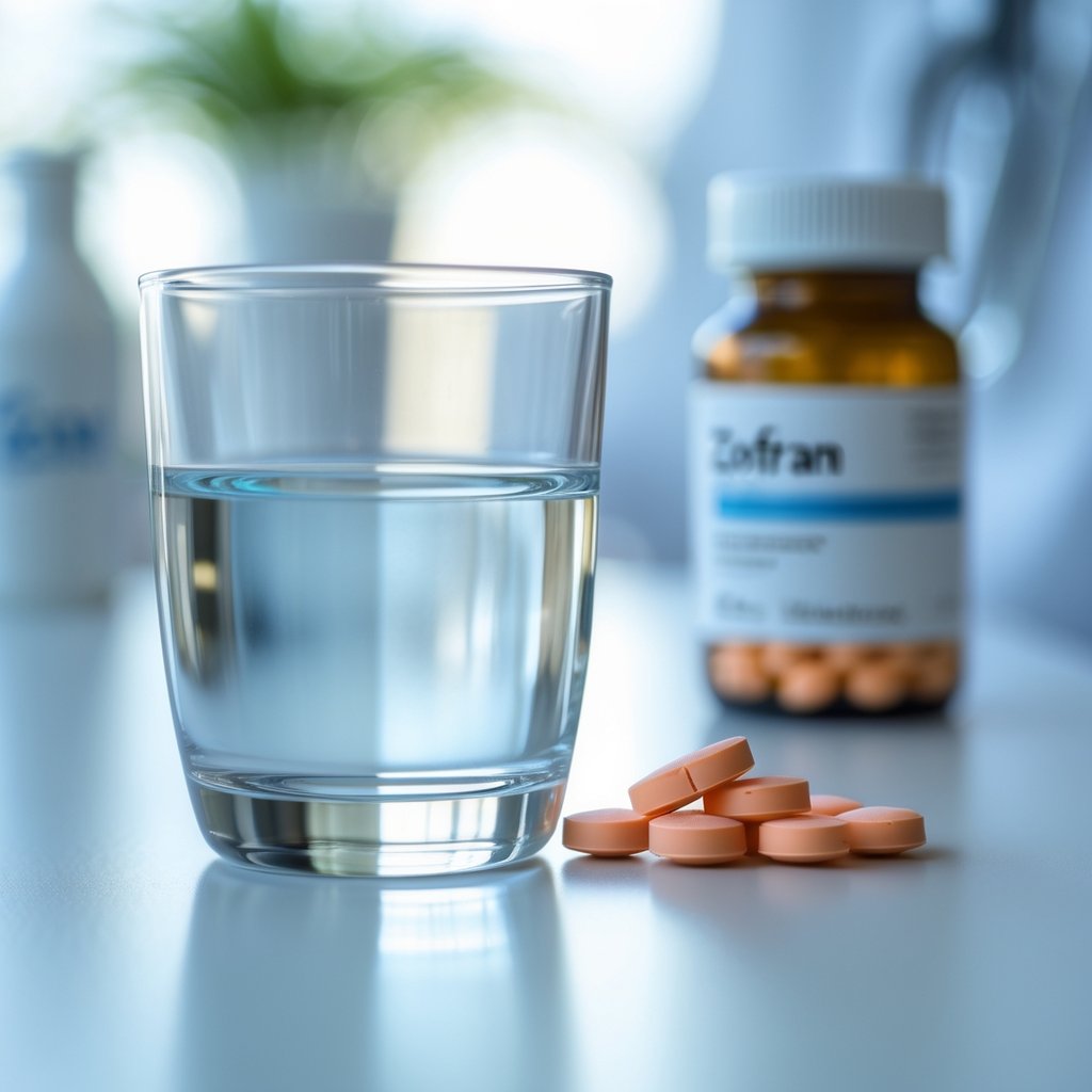 Close-up of a glass of water next to Zofran tablets and a prescription bottle on a white table in a medical setting.
