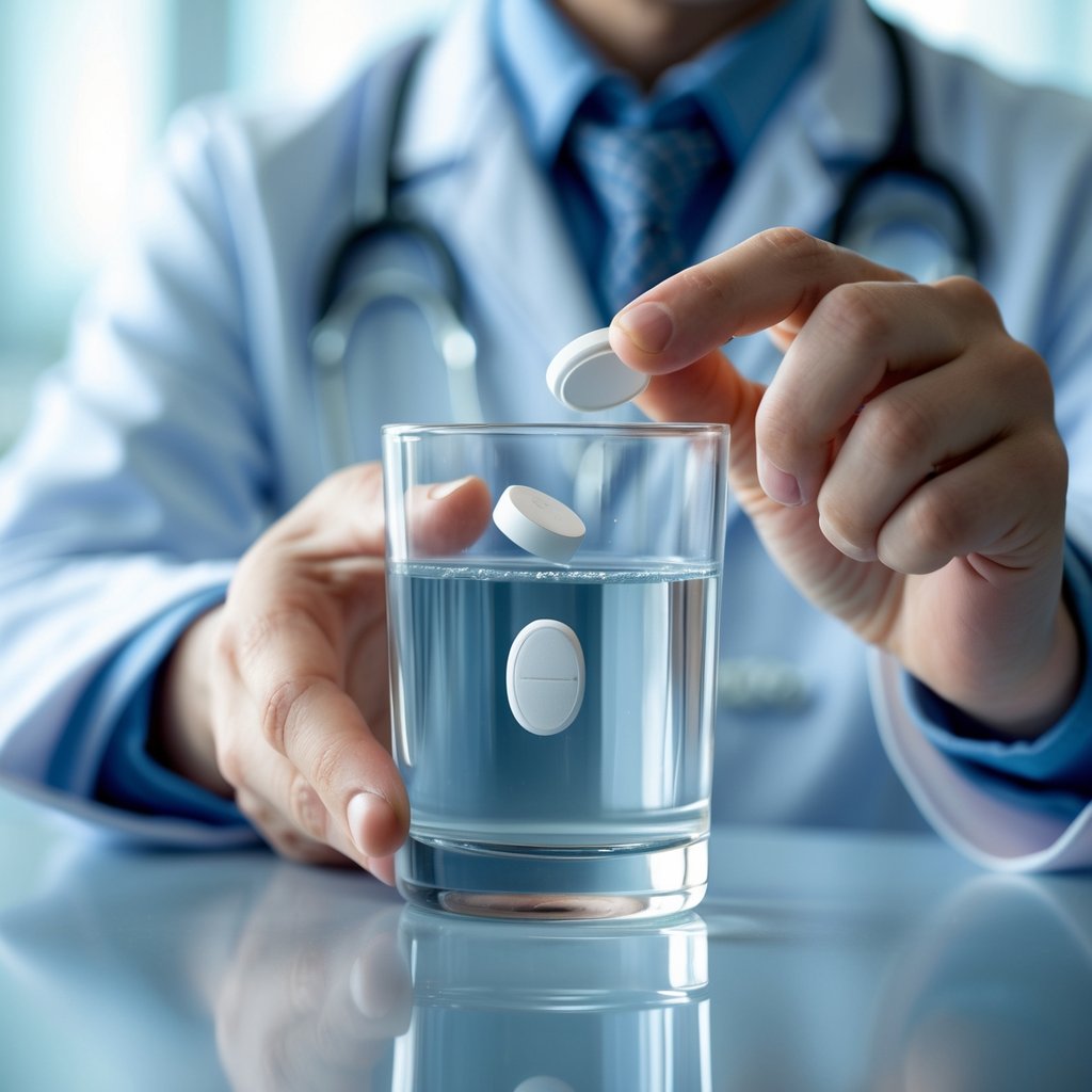 Close-up of a doctor holding a glass of water with a dissolving white tablet, in a bright medical environment.