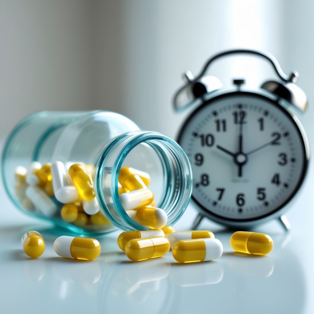 Close-up of a pill bottle with yellow and white capsules spilled out next to an analog clock on a white surface.