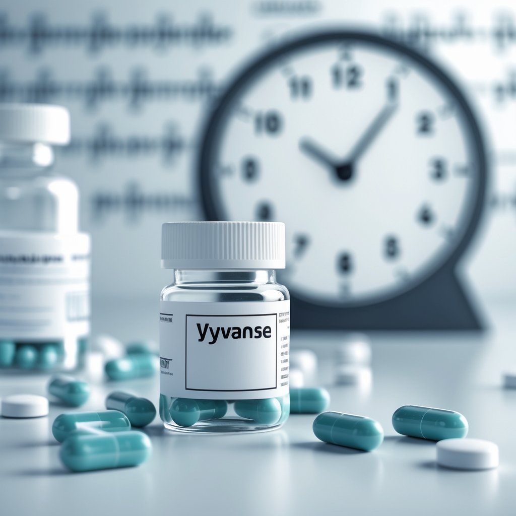 A close-up of a medicine bottle with capsules on a white surface and a digital clock in the background showing time passing.