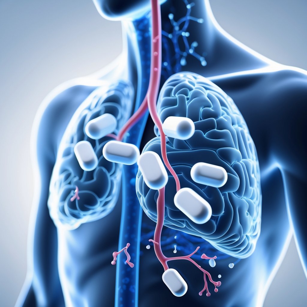 Close-up of a transparent human torso showing the brain and bloodstream with capsules dissolving and dispersing to represent medication release over time.