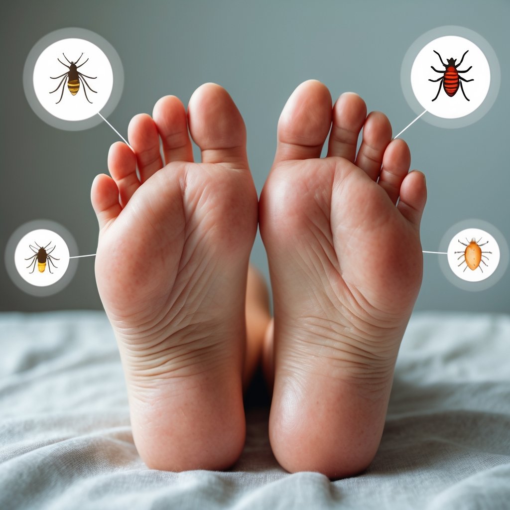 Close-up of swollen, red feet resting on a surface with subtle illustrations of allergens and insect bites around them.