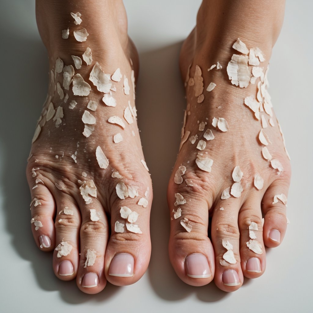 Close-up of human hands and feet with peeling skin.