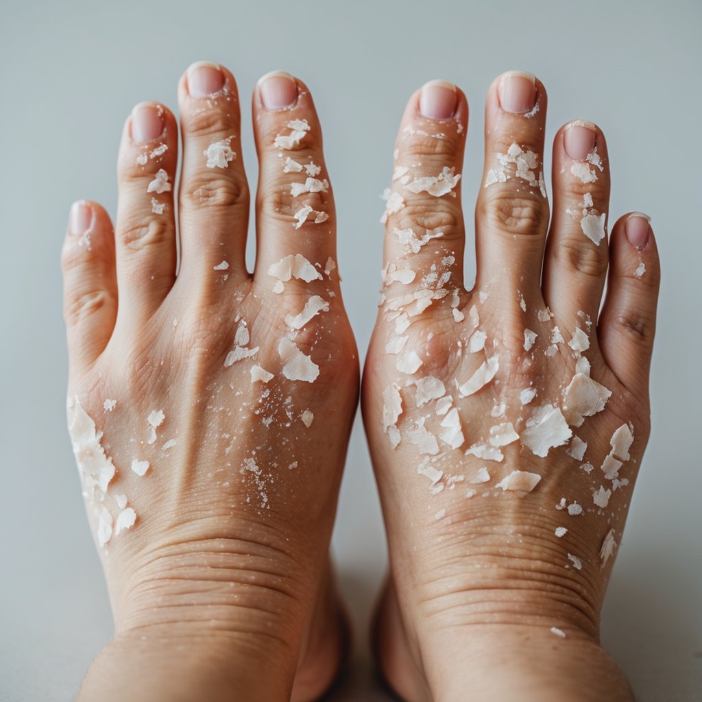 Close-up of hands and feet with peeling skin visible on palms and soles.