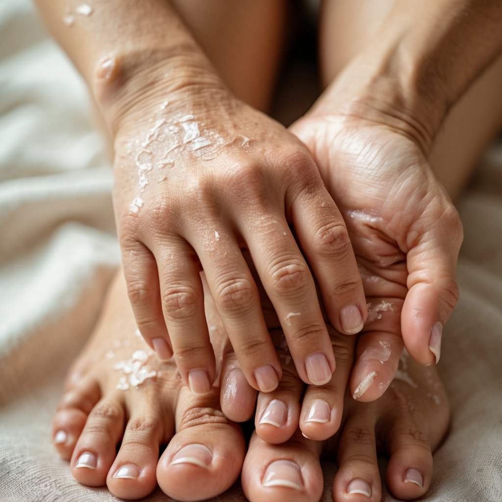 Close-up of adult hands and feet showing peeling skin on fingers, palms, toes, and soles.